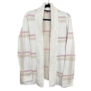 Adrienne Vittadini Plaid Open Front Cardigan Cream Tan Rose Plush Collar Size XL